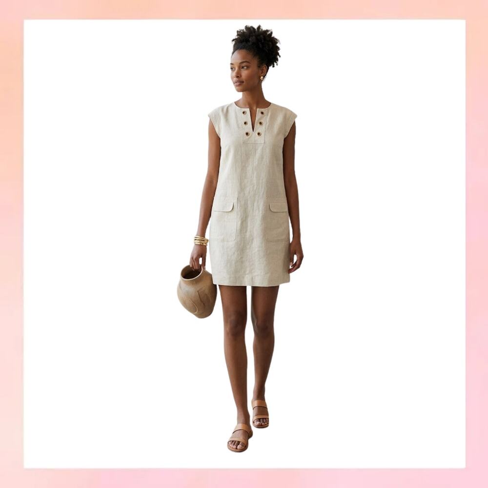 J.Crew Linen Blend Grommet Shift Dress with Pockets - Tan Beige - Size 8